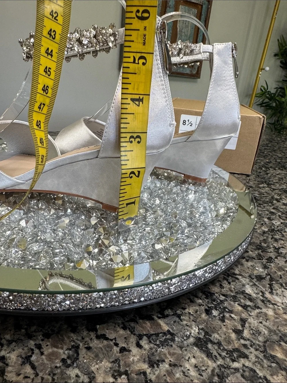 Journee Collection Conner Silver Satin Wedge Sandals Crystal Ankle Strap NEW 8.5
